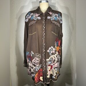 Johnny Was Audrey Oversized Cowgirl Button Up in Dusty Mocha Japanese Rayon NWT